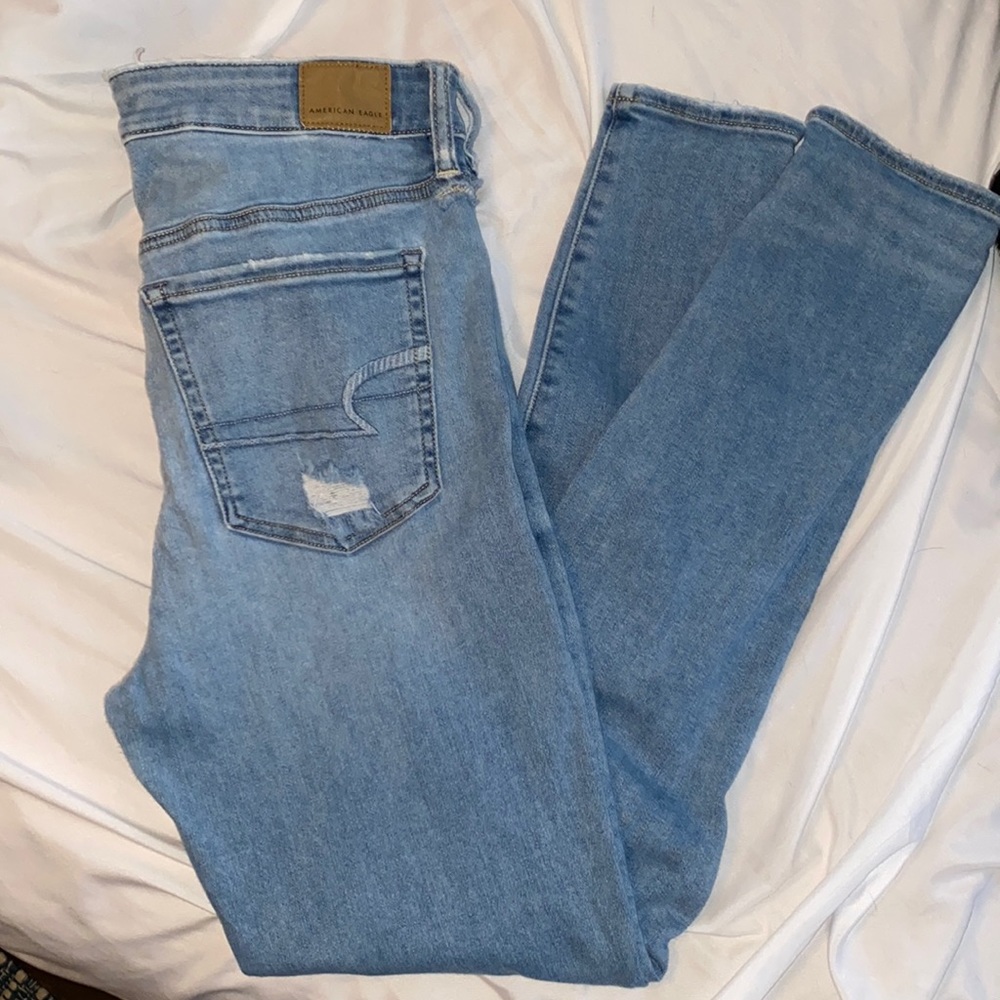 AE, light wash hi-rise jegging, distressed 12 regular